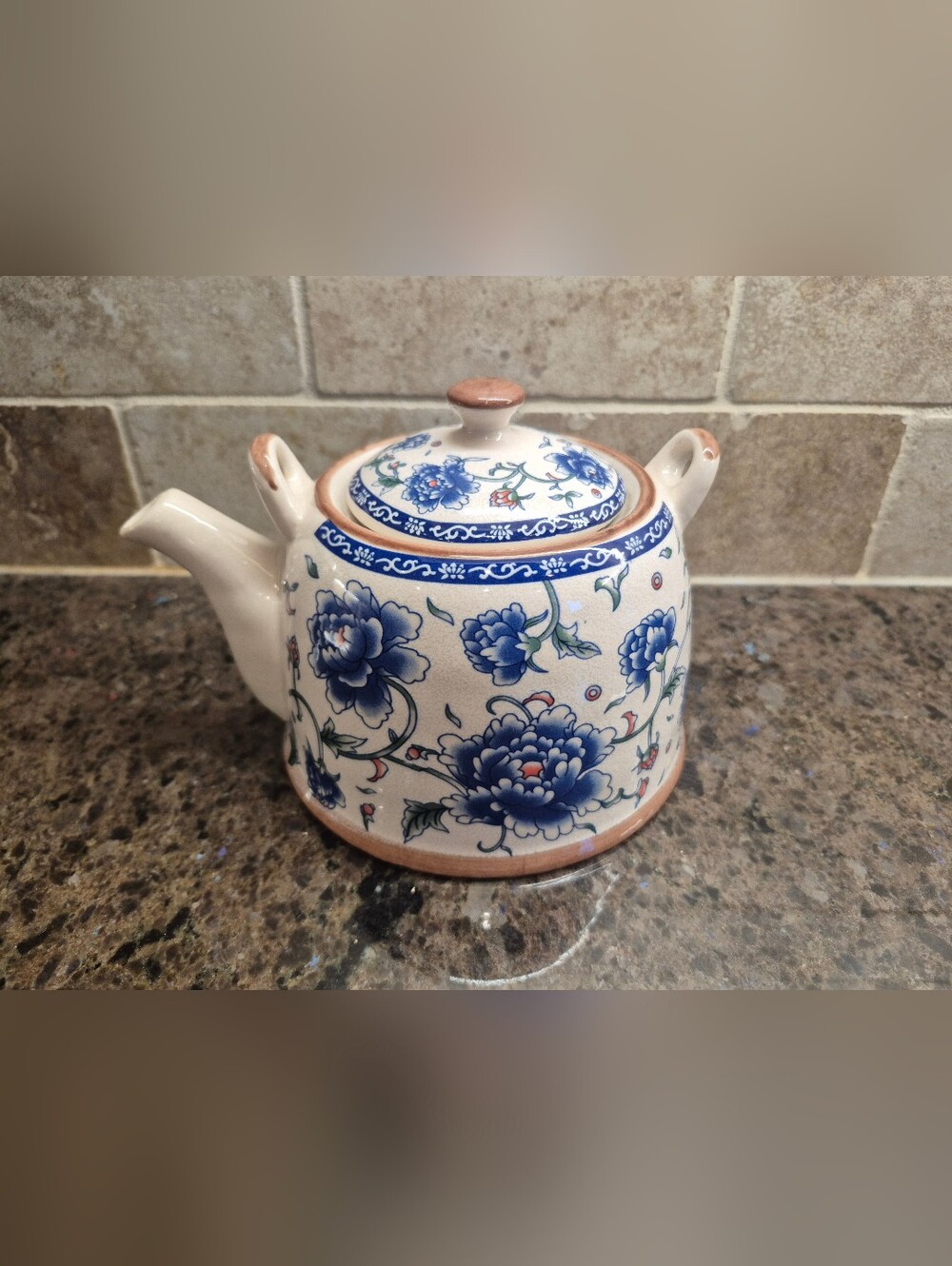 Vintage Hand Thrown Pottery Blue Floral Designs Lidded Teapot with Infuser